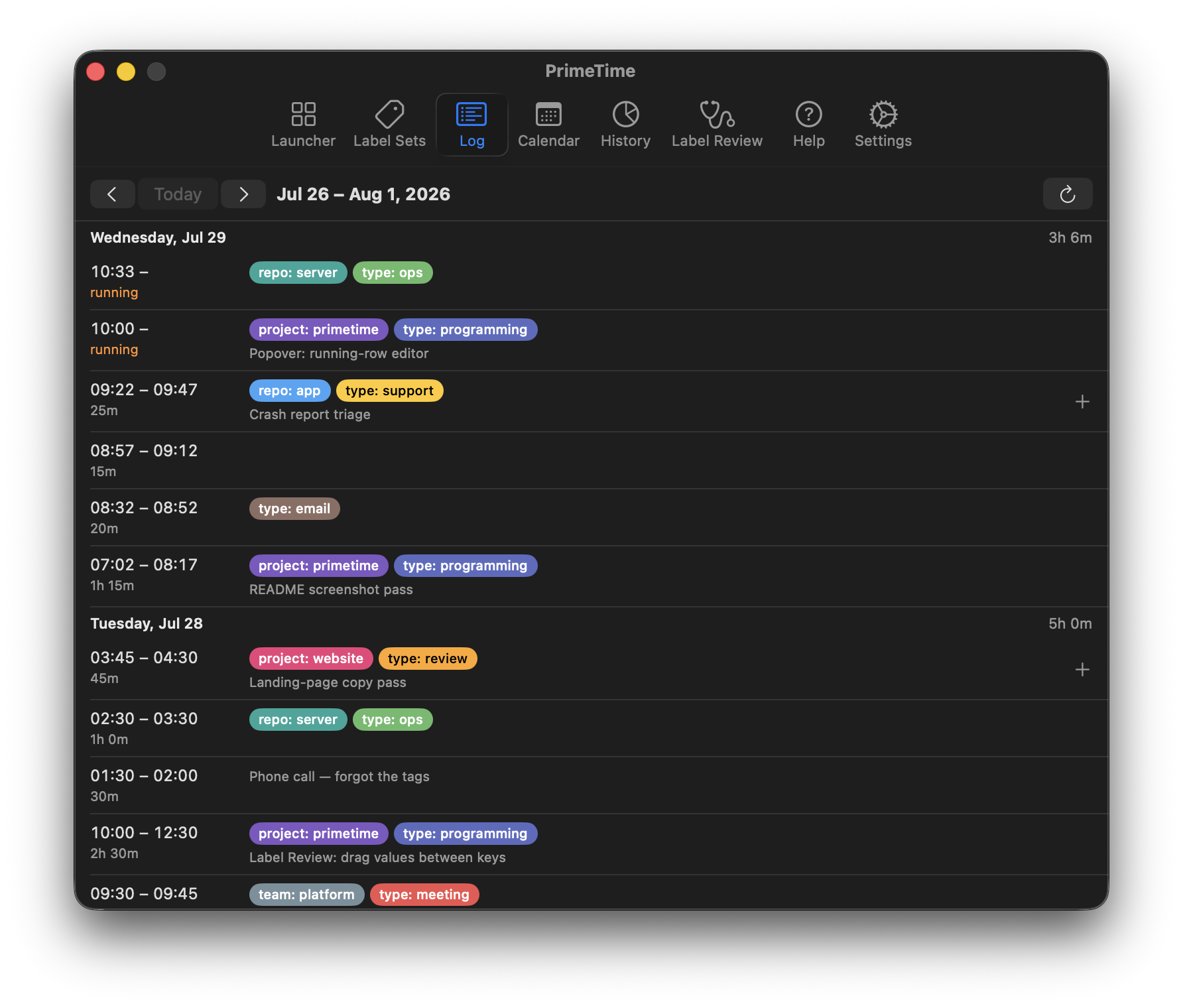 PrimeTime daily log grouped by day with color-coded labels and totals