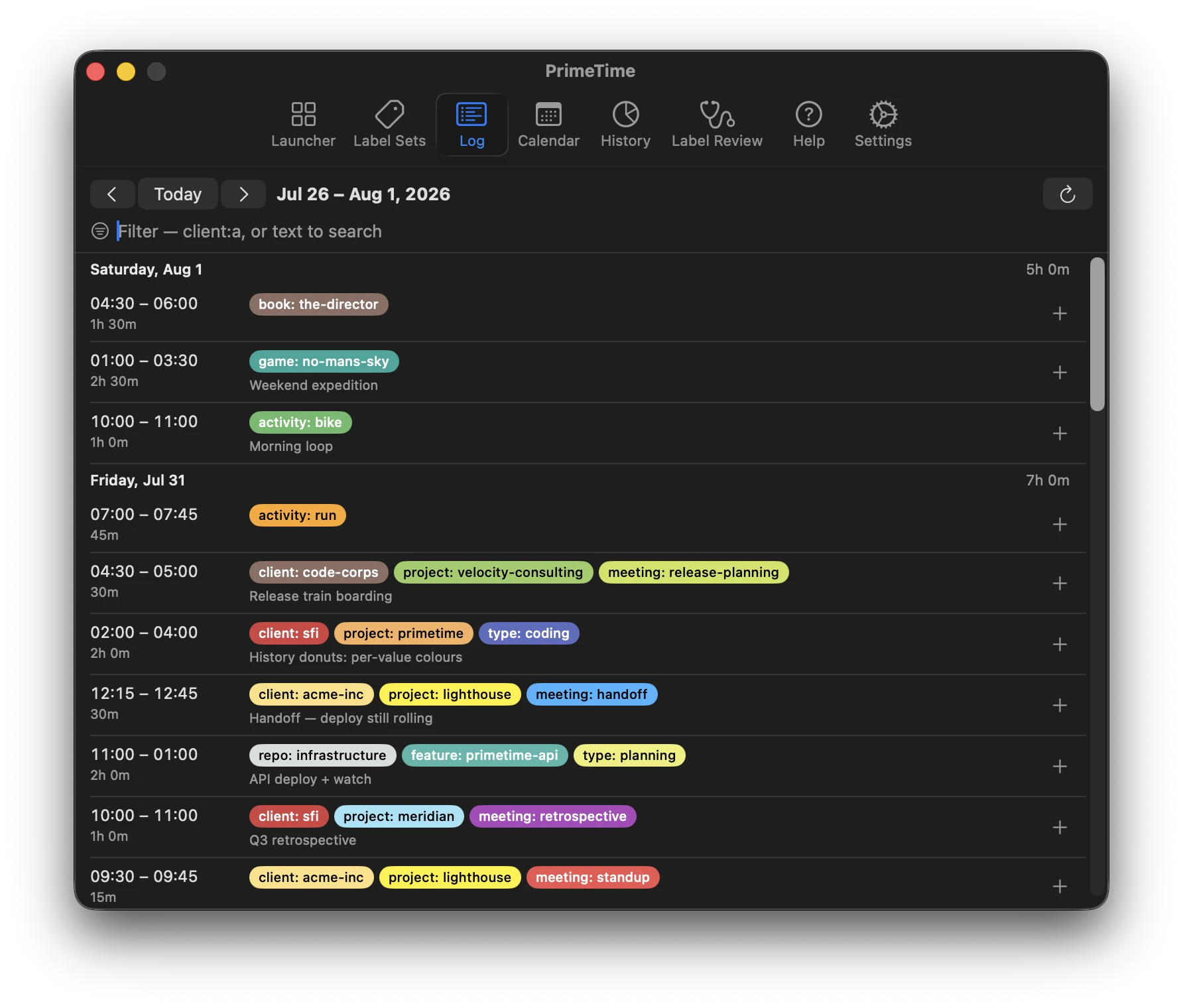PrimeTime Log view