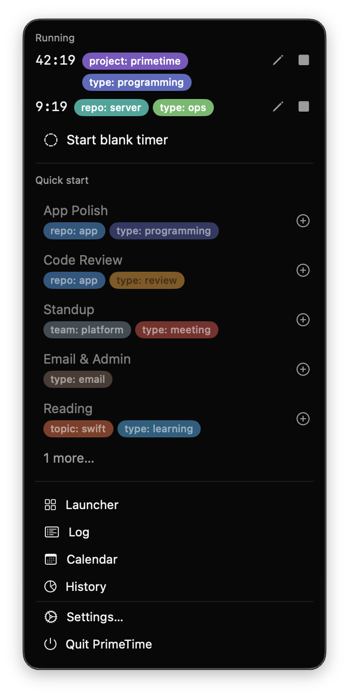 PrimeTime menu-bar dropdown with quick-start timers