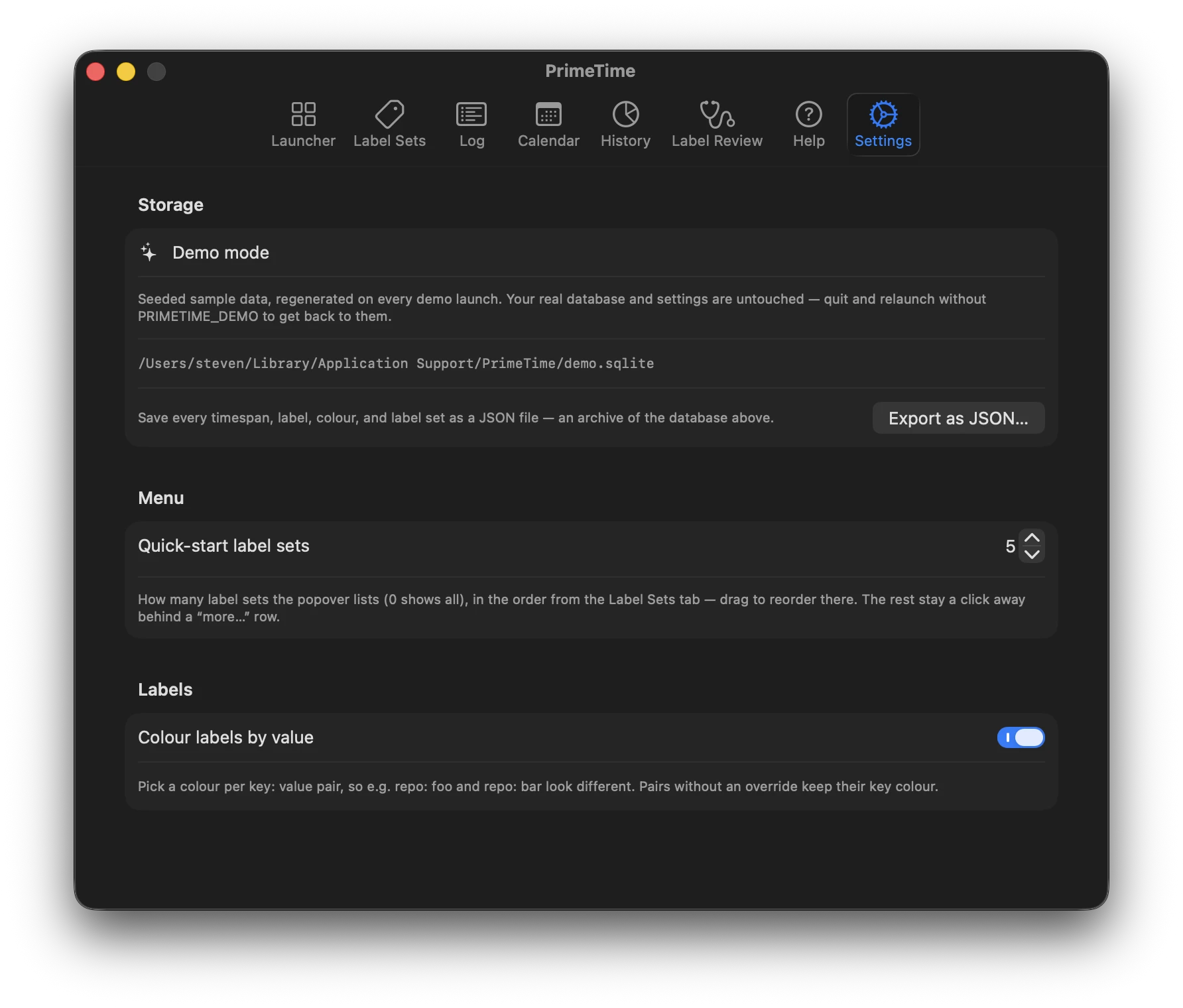 PrimeTime Settings view