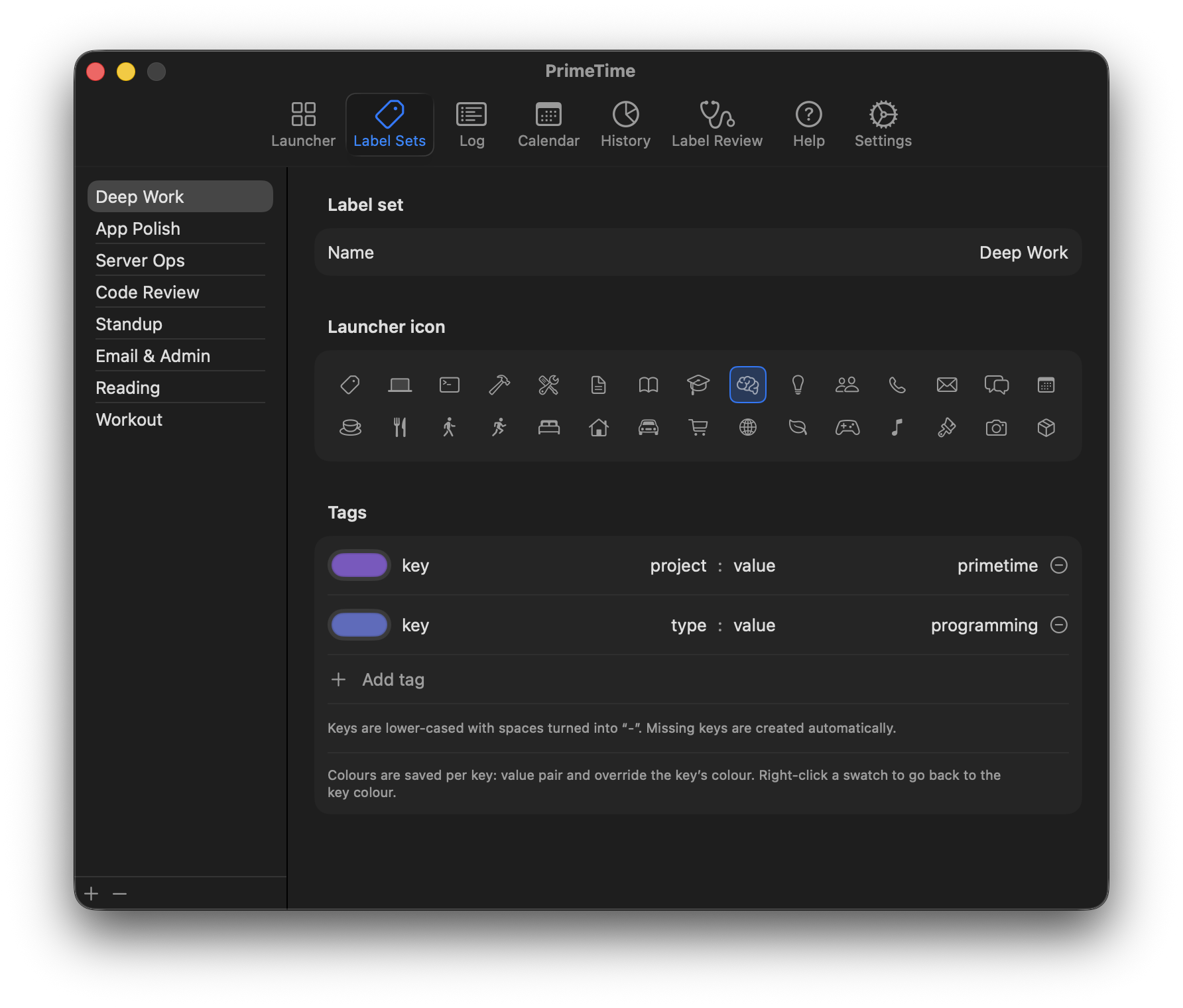PrimeTime label-set settings with launcher icons and color-coded keys